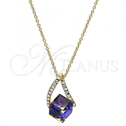 Oro Laminado Pendant Necklace, Gold Filled Style Rolo Design, with Heliotrope and Aurore Boreale Swarovski Crystals, Polished, Golden Finish, 04.239.0039.8.16