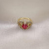 Oro Laminado Multi Stone Ring, Gold Filled Style Dolphin and Heart Design, with Ruby Cubic Zirconia and White Micro Pave, Polished, Golden Finish, 01.196.0002.1