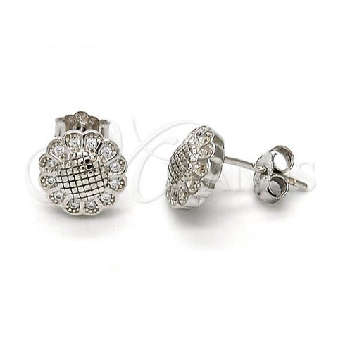 Sterling Silver Stud Earring, Flower Design, with White Micro Pave, Polished, Rhodium Finish, 02.175.0052