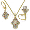 Oro Laminado Earring and Pendant Adult Set, Gold Filled Style Hand of God Design, with Multicolor Micro Pave, Polished, Golden Finish, 10.316.0061