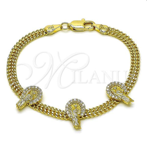 Oro Laminado Fancy Bracelet, Gold Filled Style San Judas and Bismark Design, with White Micro Pave, Polished, Golden Finish, 03.411.0046.07