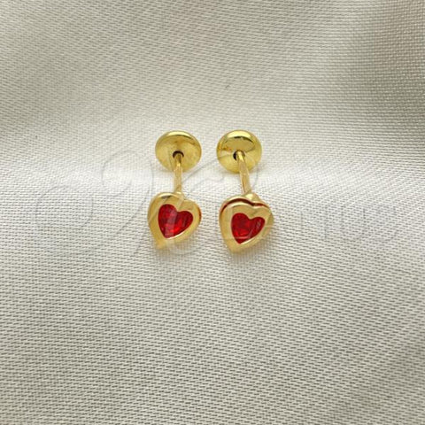 Oro Laminado Stud Earring, Gold Filled Style Heart Design, with Garnet Cubic Zirconia, Polished, Golden Finish, 02.02.0528.2