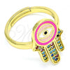 Oro Laminado Multi Stone Ring, Gold Filled Style Hand of God Design, with Multicolor Micro Pave, Pink Enamel Finish, Golden Finish, 01.368.0010 (One size fits all)