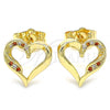 Oro Laminado Stud Earring, Gold Filled Style Heart Design, with Garnet and White Micro Pave, Polished, Golden Finish, 02.156.0486.1