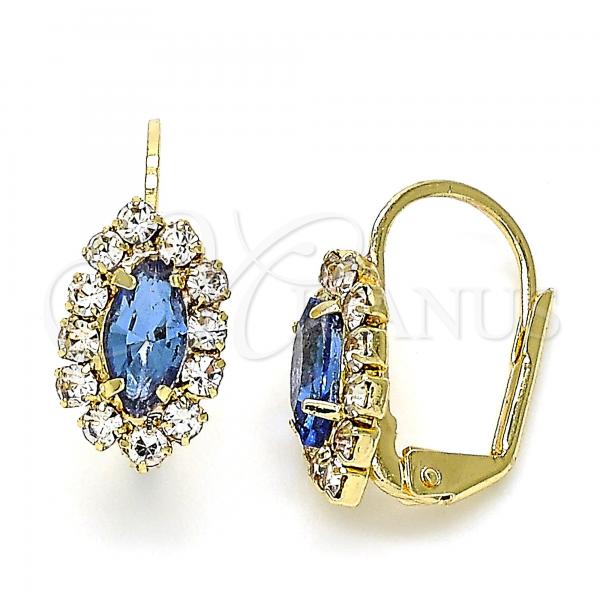 Oro Laminado Leverback Earring, Gold Filled Style Leaf Design, with Sapphire Blue and White Cubic Zirconia, Polished, Golden Finish, 02.122.0082.3