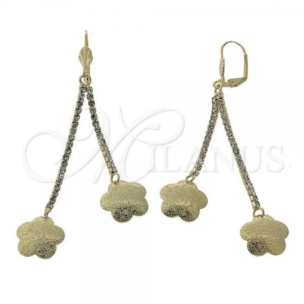 Oro Laminado Long Earring, Gold Filled Style Flower Design, with White Cubic Zirconia, Matte Finish, Golden Finish, 5.075.005