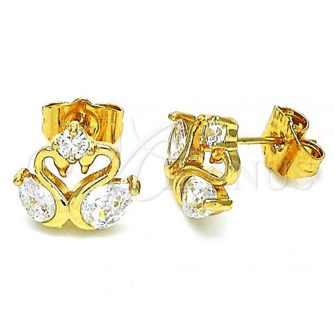 Oro Laminado Stud Earring, Gold Filled Style Swan Design, with White Cubic Zirconia, Polished, Golden Finish, 02.387.0083
