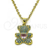 Oro Laminado Fancy Pendant, Gold Filled Style Teddy Bear Design, with Pink Cubic Zirconia and Turquoise Micro Pave, Polished, Golden Finish, 05.341.0060.1