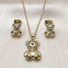 Oro Laminado Earring and Pendant Adult Set, Gold Filled Style Teddy Bear Design, with White and Black Micro Pave, Polished, Golden Finish, 10.156.0544