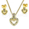 Oro Laminado Earring and Pendant Adult Set, Gold Filled Style Heart Design, with Multicolor Cubic Zirconia, Polished, Golden Finish, 10.342.0011.1