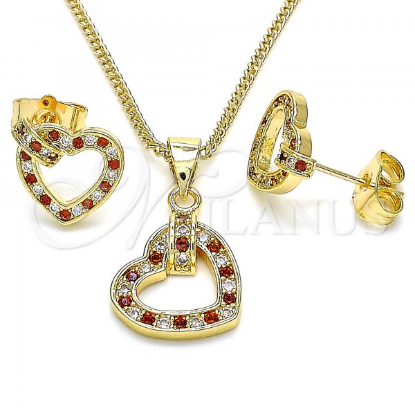 Oro Laminado Earring and Pendant Adult Set, Gold Filled Style Heart Design, with Garnet and White Micro Pave, Polished, Golden Finish, 10.156.0281.1