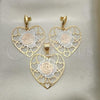 Oro Laminado Earring and Pendant Adult Set, Gold Filled Style Heart Design, Tricolor, 5.042.005