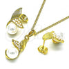 Oro Laminado Earring and Pendant Adult Set, Gold Filled Style with Ivory Pearl, Polished, Golden Finish, 10.379.0031