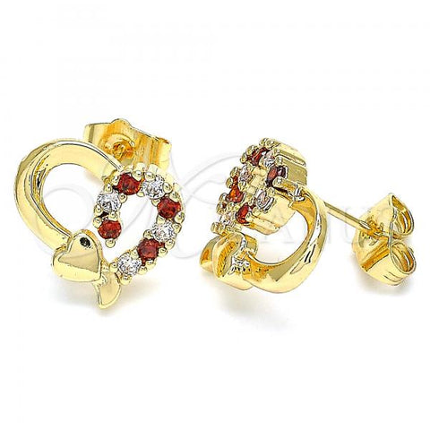 Oro Laminado Stud Earring, Gold Filled Style Heart Design, with Garnet and White Cubic Zirconia, Polished, Golden Finish, 02.210.0103.5