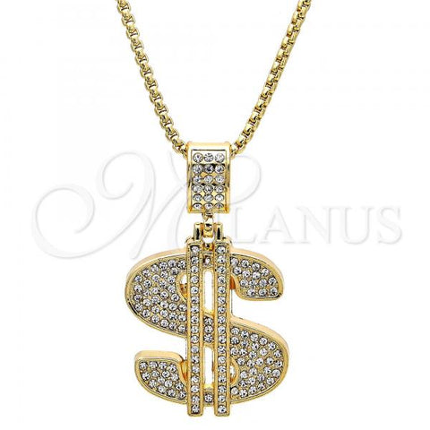Oro Laminado Pendant Necklace, Gold Filled Style Money Sign Design, with White Crystal, Polished, Golden Finish, 04.242.0080.30