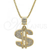 Oro Laminado Pendant Necklace, Gold Filled Style Money Sign Design, with White Crystal, Polished, Golden Finish, 04.242.0080.30