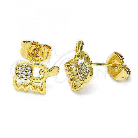 Oro Laminado Stud Earring, Gold Filled Style Elephant Design, with White Micro Pave, Polished, Golden Finish, 02.310.0080