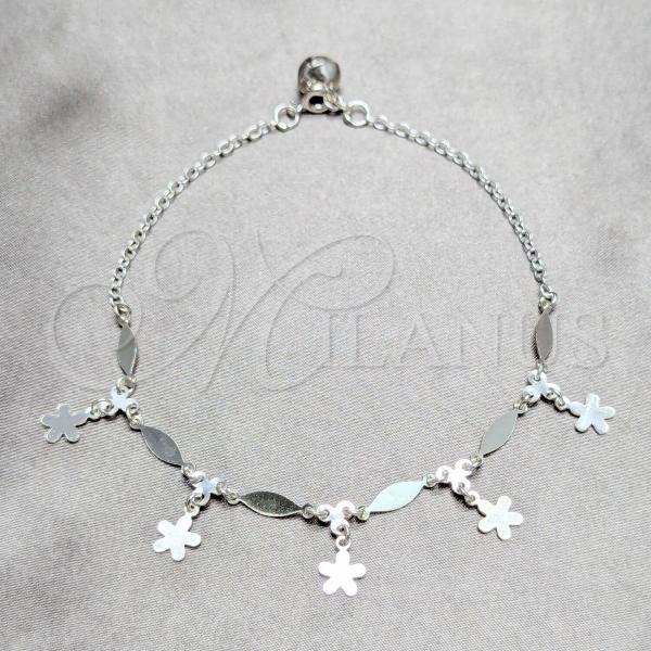 Sterling Silver Fancy Anklet, Flower and Diamond Design, Polished, Silver Finish, 03.409.0046.10