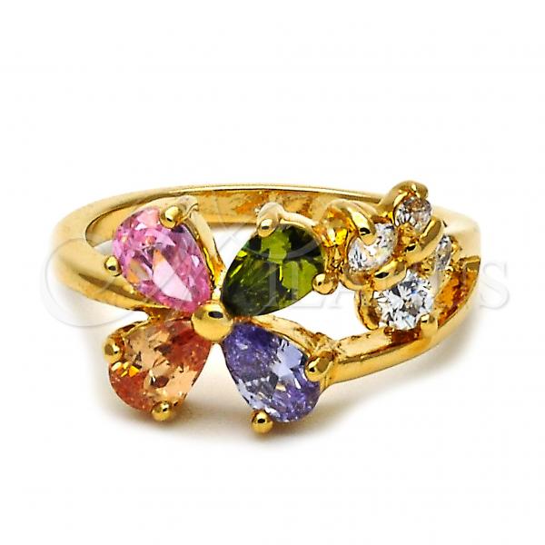 Oro Laminado Multi Stone Ring, Gold Filled Style Flower and Butterfly Design, with Multicolor and White Cubic Zirconia, Polished, Golden Finish, 5.172.011.08 (Size 8)