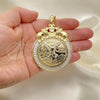 Oro Laminado Religious Pendant, Gold Filled Style Greek Key and Centenario Coin Design, with White and Ruby Cubic Zirconia, Polished, Golden Finish, 05.26.0043