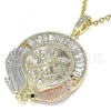 Oro Laminado Religious Pendant, Gold Filled Style Centenario Coin and Angel Design, with White Crystal, Polished, Tricolor, 05.380.0029