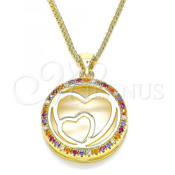 Oro Laminado Pendant Necklace, Gold Filled Style Heart Design, with Multicolor Micro Pave, Polished, Golden Finish, 04.156.0334.3.20