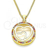 Oro Laminado Pendant Necklace, Gold Filled Style Heart Design, with Multicolor Micro Pave, Polished, Golden Finish, 04.156.0334.3.20