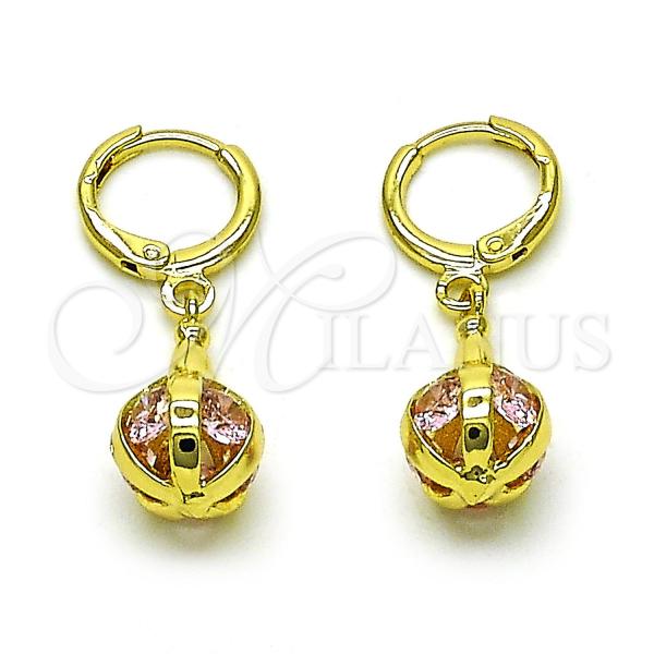 Oro Laminado Dangle Earring, Gold Filled Style Ball Design, with Pink Cubic Zirconia, Polished, Golden Finish, 02.357.0074.4