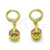 Oro Laminado Dangle Earring, Gold Filled Style Ball Design, with Pink Cubic Zirconia, Polished, Golden Finish, 02.357.0074.4