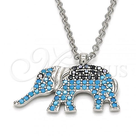 Sterling Silver Pendant Necklace, Elephant Design, with Black and Turquoise Micro Pave, Polished, Rhodium Finish, 04.336.0067.16