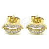 Oro Laminado Stud Earring, Gold Filled Style Lips Design, with White Micro Pave, Polished, Golden Finish, 02.210.0400