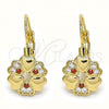 Oro Laminado Leverback Earring, Gold Filled Style Flower and Heart Design, with Garnet and White Micro Pave, Polished, Golden Finish, 02.210.0382.1