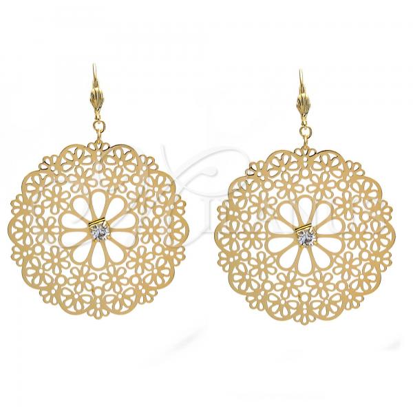 Oro Laminado Dangle Earring, Gold Filled Style Flower and Filigree Design, with White Cubic Zirconia, Polished, Golden Finish, 73.003