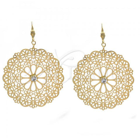 Oro Laminado Dangle Earring, Gold Filled Style Flower and Filigree Design, with White Cubic Zirconia, Polished, Golden Finish, 73.003