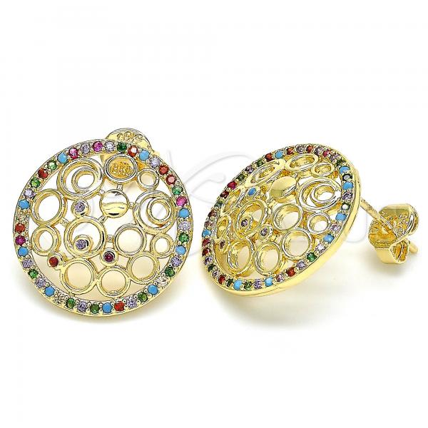 Oro Laminado Stud Earring, Gold Filled Style with Multicolor Micro Pave, Polished, Golden Finish, 02.233.0016