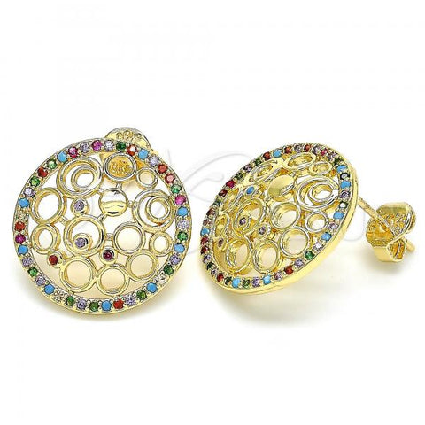 Oro Laminado Stud Earring, Gold Filled Style with Multicolor Micro Pave, Polished, Golden Finish, 02.233.0016