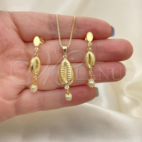 Oro Laminado Earring and Pendant Adult Set, Gold Filled Style Shell and Box Design, with White Mother of Pearl, Polished, Golden Finish, 10.58.0018