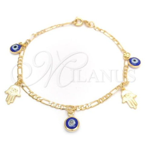 Oro Laminado Charm Bracelet, Gold Filled Style Hand of God and Evil Eye Design, Polished, Golden Finish, 03.58.0049.07