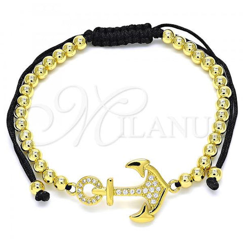 Oro Laminado Adjustable Bolo Bracelet, Gold Filled Style Anchor and Ball Design, with White Micro Pave, Polished, Golden Finish, 03.299.0085.11
