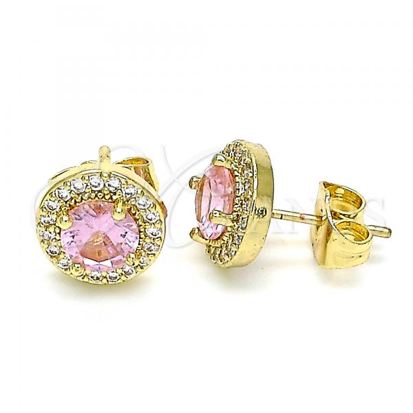 Oro Laminado Stud Earring, Gold Filled Style with Pink Cubic Zirconia and White Micro Pave, Polished, Golden Finish, 02.210.0478.3