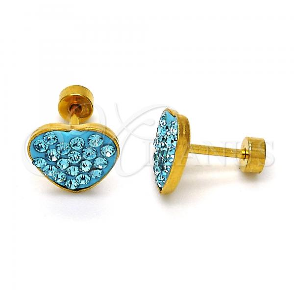 Stainless Steel Stud Earring, Heart Design, with Aqua Blue Crystal, Polished, Golden Finish, 02.271.0022.10