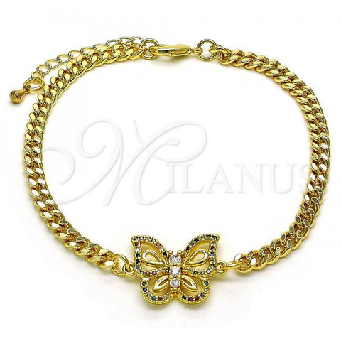 Oro Laminado Fancy Bracelet, Gold Filled Style Butterfly Design, with Multicolor Micro Pave and White Cubic Zirconia, Polished, Golden Finish, 03.341.0184.08