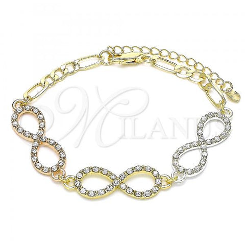 Oro Laminado Fancy Bracelet, Gold Filled Style Infinite Design, with White Crystal, Polished, Tricolor, 03.380.0131.07
