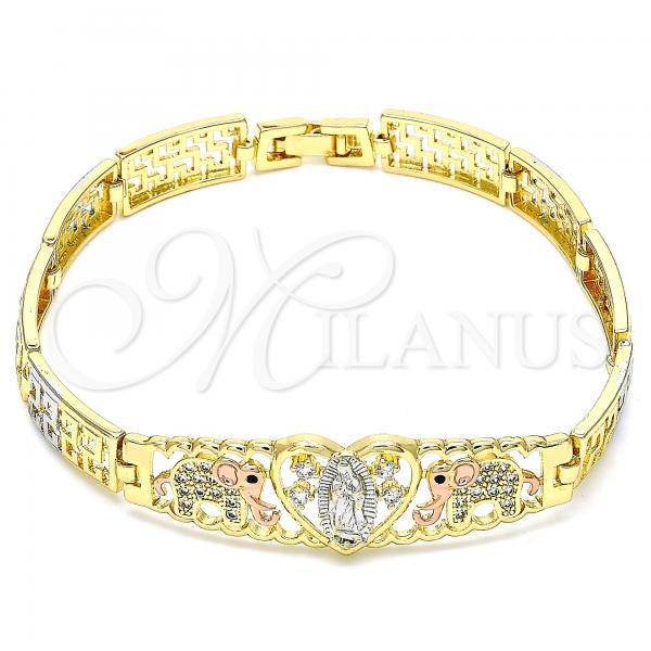 Oro Laminado Fancy Bracelet, Gold Filled Style Guadalupe and Elephant Design, with White Micro Pave, Polished, Tricolor, 03.380.0014.08
