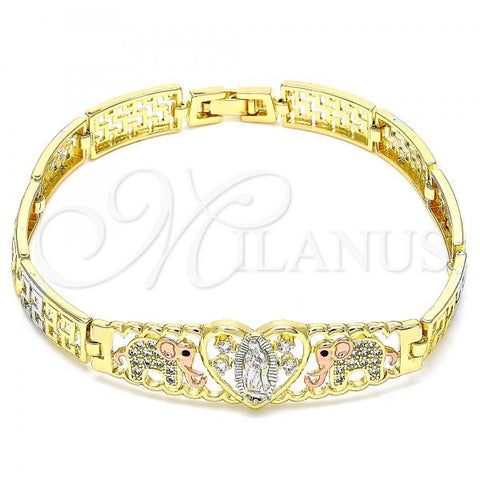 Oro Laminado Fancy Bracelet, Gold Filled Style Guadalupe and Elephant Design, with White Micro Pave, Polished, Tricolor, 03.380.0014.08