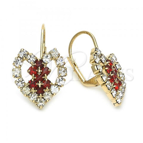 Oro Laminado Leverback Earring, Gold Filled Style Heart and Love Design, with White and Garnet Cubic Zirconia, Polished, Golden Finish, 5.125.004