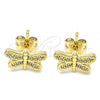Oro Laminado Stud Earring, Gold Filled Style Dragon-Fly Design, with White Micro Pave, Polished, Golden Finish, 02.342.0076