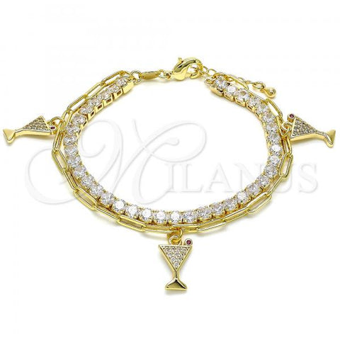 Oro Laminado Charm Bracelet, Gold Filled Style Drink Glass and Paperclip Design, with White Cubic Zirconia and White Micro Pave, Polished, Golden Finish, 03.63.2186.08