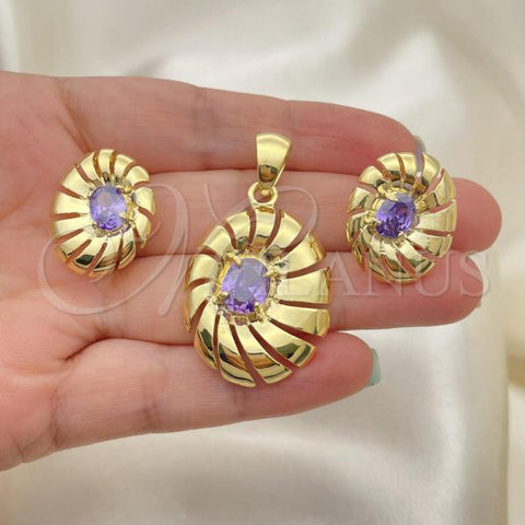 Oro Laminado Earring and Pendant Adult Set, Gold Filled Style with Amethyst Cubic Zirconia, Polished, Golden Finish, 5.046.004.4