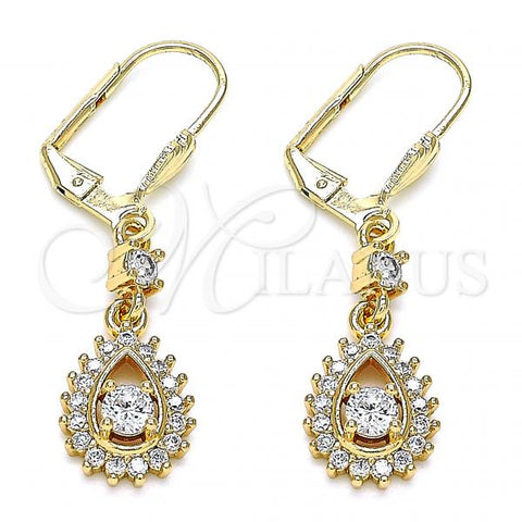 Oro Laminado Long Earring, Gold Filled Style Teardrop Design, with White Cubic Zirconia, Polished, Golden Finish, 02.213.0335